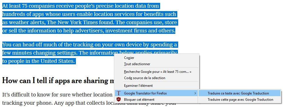 Exemple de traduction avec l'extension Google Translator for Firefox