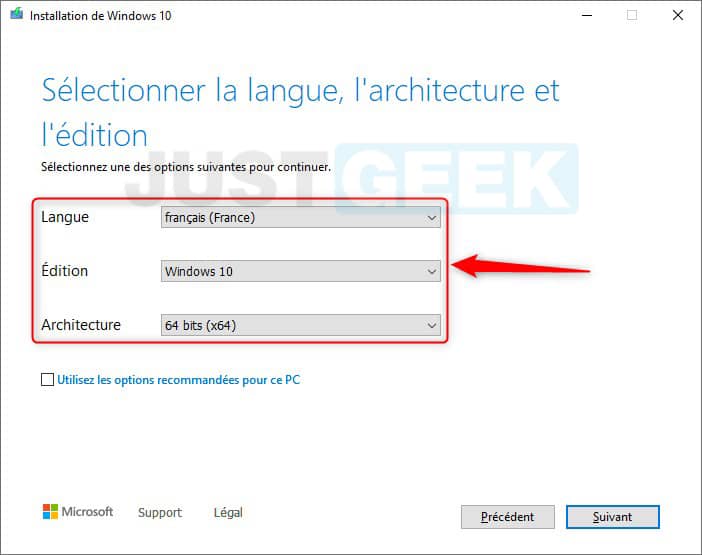 Sélectionnez la langue, l'architecture et l'édition de Windows 10