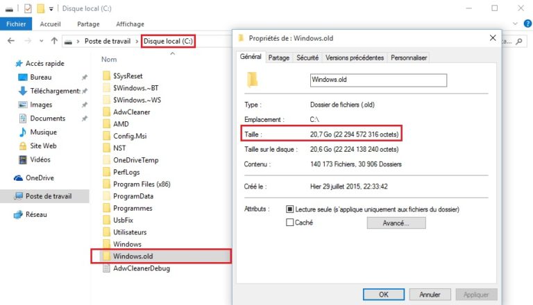 Supprimer le dossier Windows.old pour libérer de l'espace disque