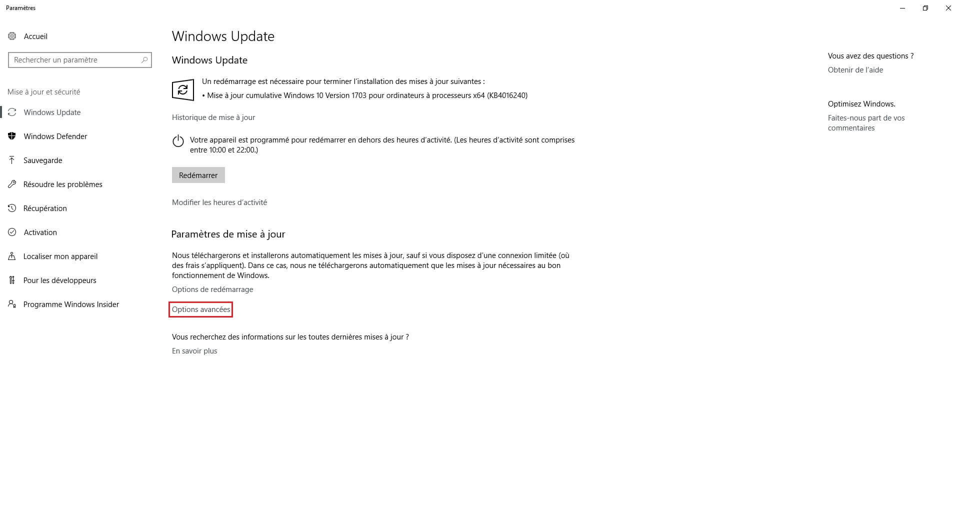 Options avancées Windows Update