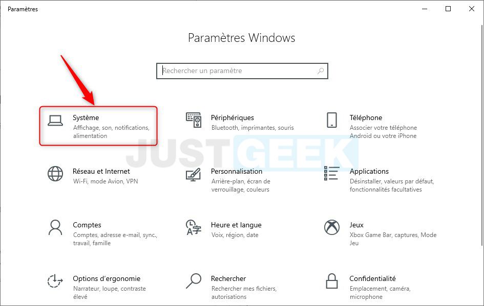 Paramètres système Windows 10