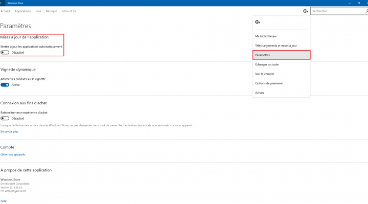 Paramètres Windows Store