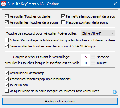 Les différentes options de KeyFreeze