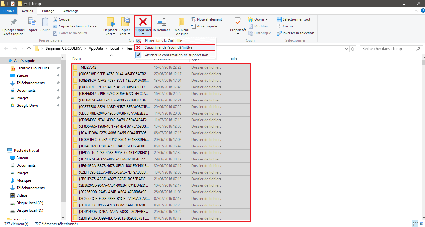 Supprimer manuellement le dossier des fichiers temporaires sur Windows 10