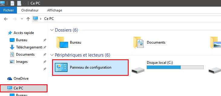 Raccourci Panneau de configuration dans l'Explorateur de fichiers dans Windows 10