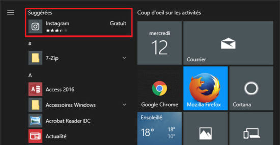 Supprimer les publicités dans le menu Démarrer dans Windows 10