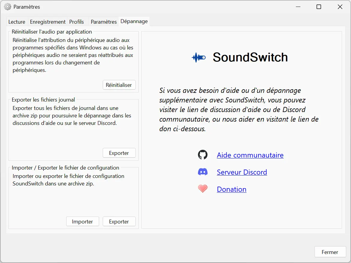 Onglet dépannage de SoundSwitch avec accès à la communauté