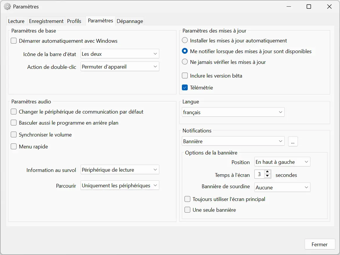 Paramètres avancés de SoundSwitch avec options de notification