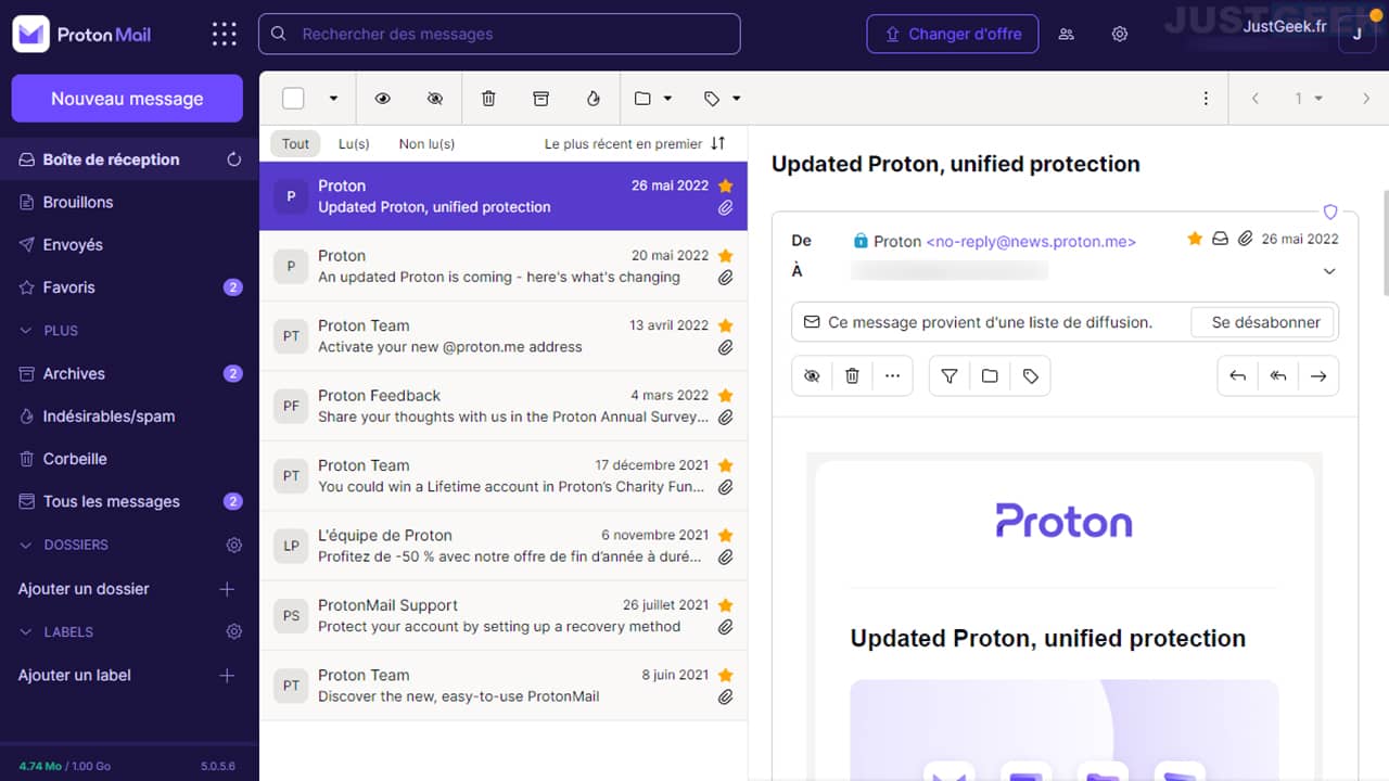 Interface de Proton Mail