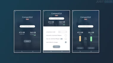 Interface de CompactGUI montrant la compression d’un jeu sur Windows avec estimation et gain d’espace