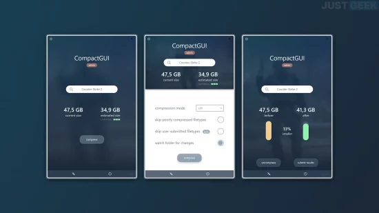 Interface de CompactGUI montrant la compression d’un jeu sur Windows avec estimation et gain d’espace
