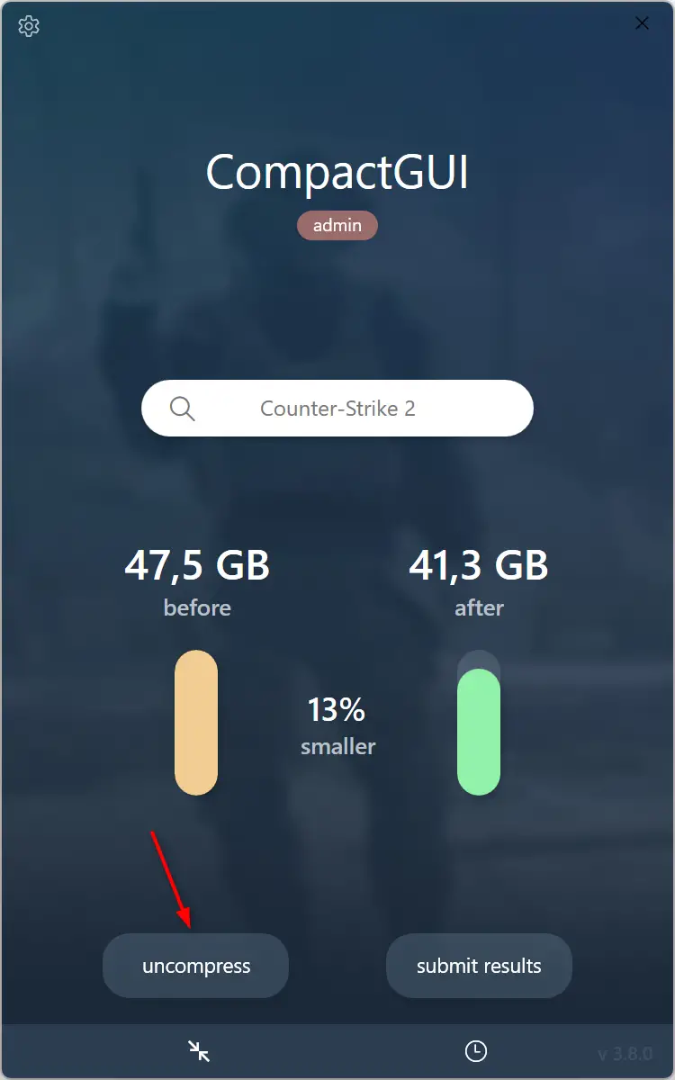 Interface de CompactGUI après compression, avec le bouton uncompress pour annuler l’opération