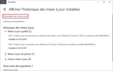 Désinstaller une mise à jour de Windows 10