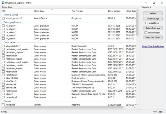 Interface du logiciel Driver Store Explorer