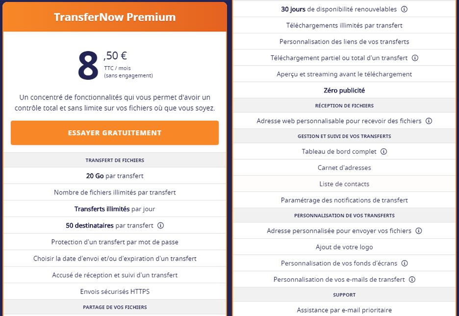 Transfernow offre Premium