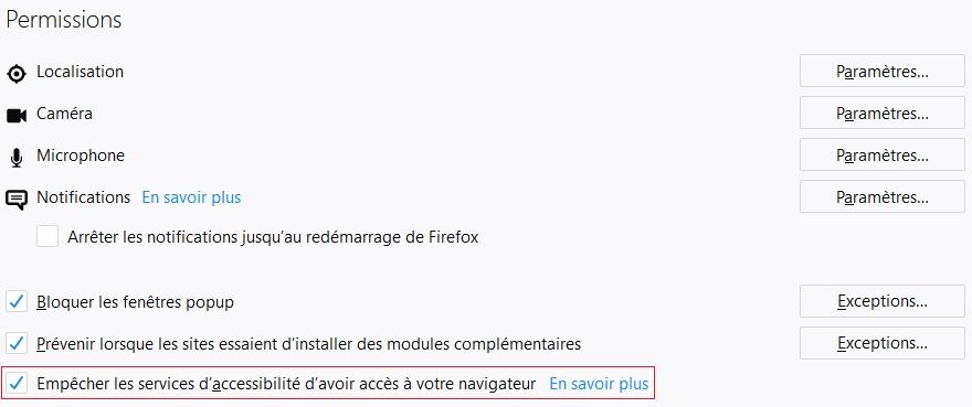 Empêcher les services d'accessibilité d'avoir accès à votre navigateur