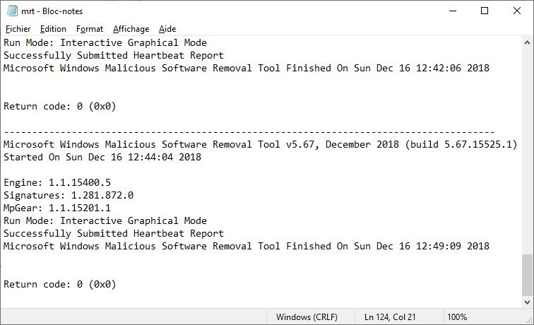 Exemple de rapport d'analyse de MRT (Malware Removal Tool)