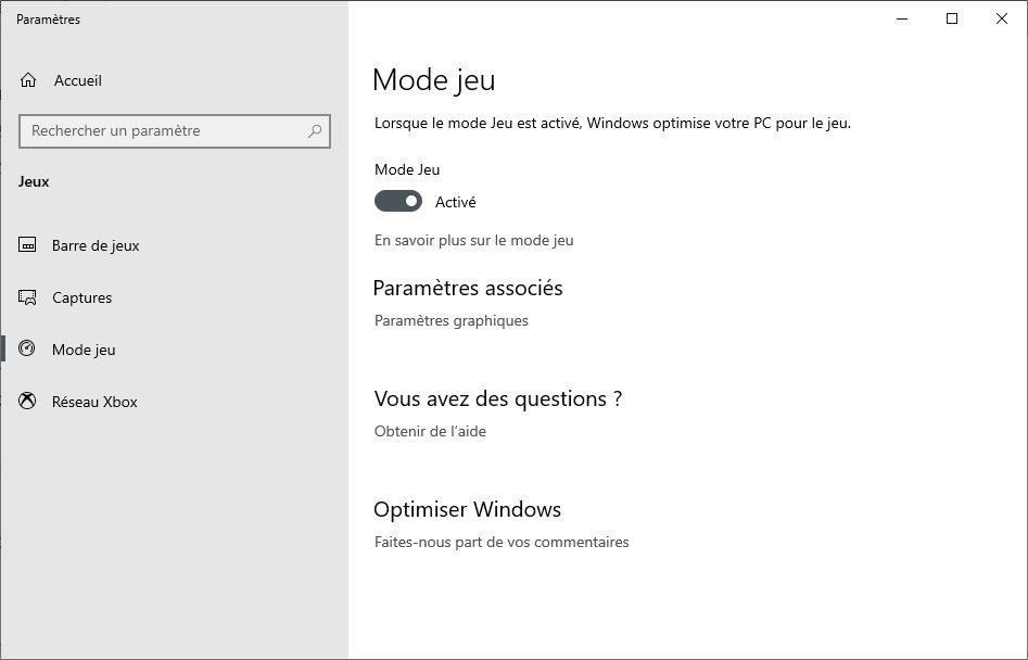 Activer le mode Jeu sur Windows 10