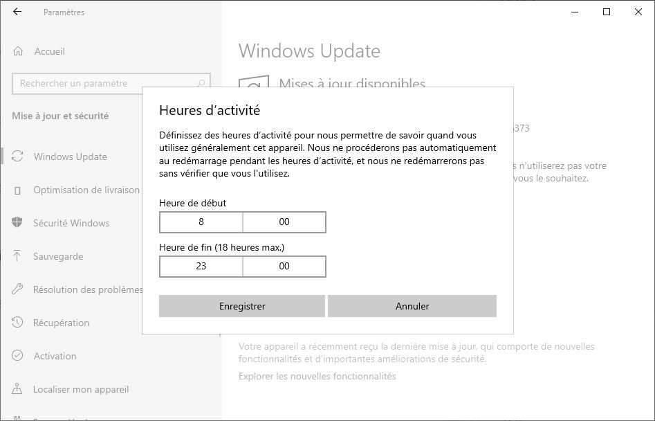 Heures d'activité Windows Update