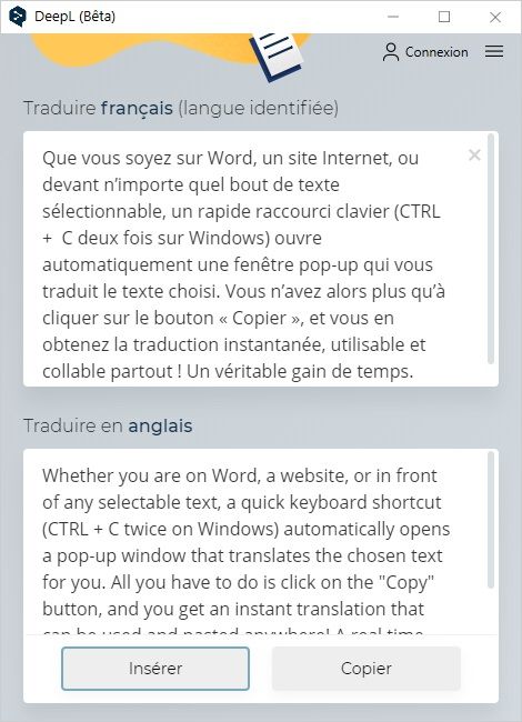 Exemple de traduction DeepL pour Windows