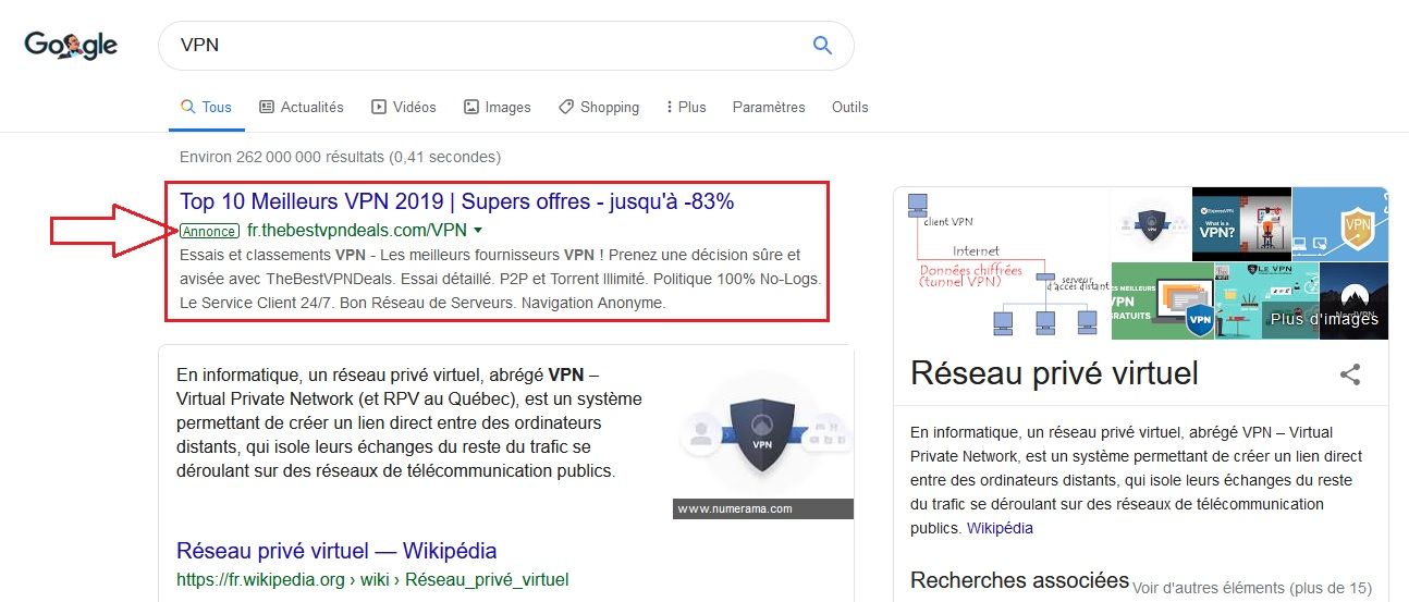 Exemple d'annonce dans le moteur de recherche Google