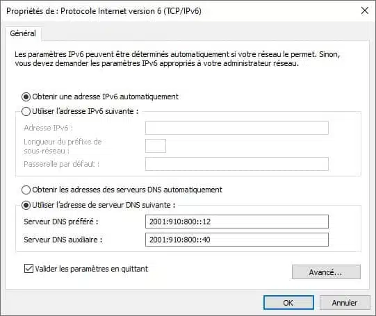 Changer les serveurs DNS IPv6 dans Windows