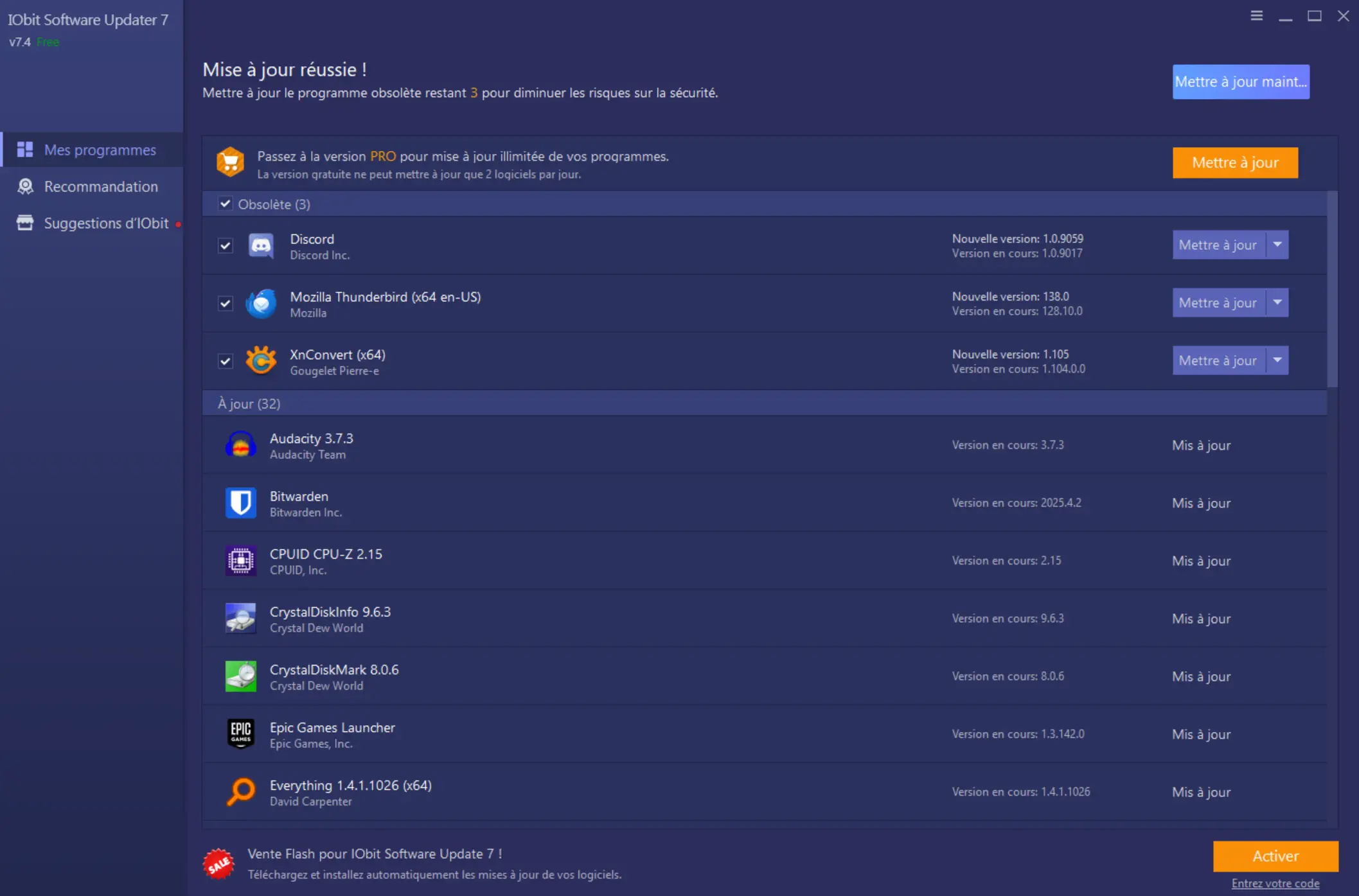 Interface principale d’IObit Software Updater avec liste des logiciels à jour et obsolètes