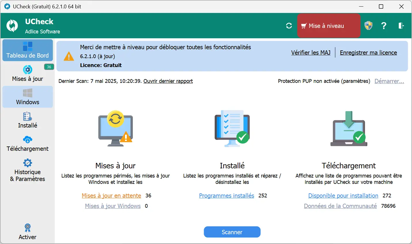 Tableau de bord d’UCheck affichant les mises à jour disponibles et les logiciels installés