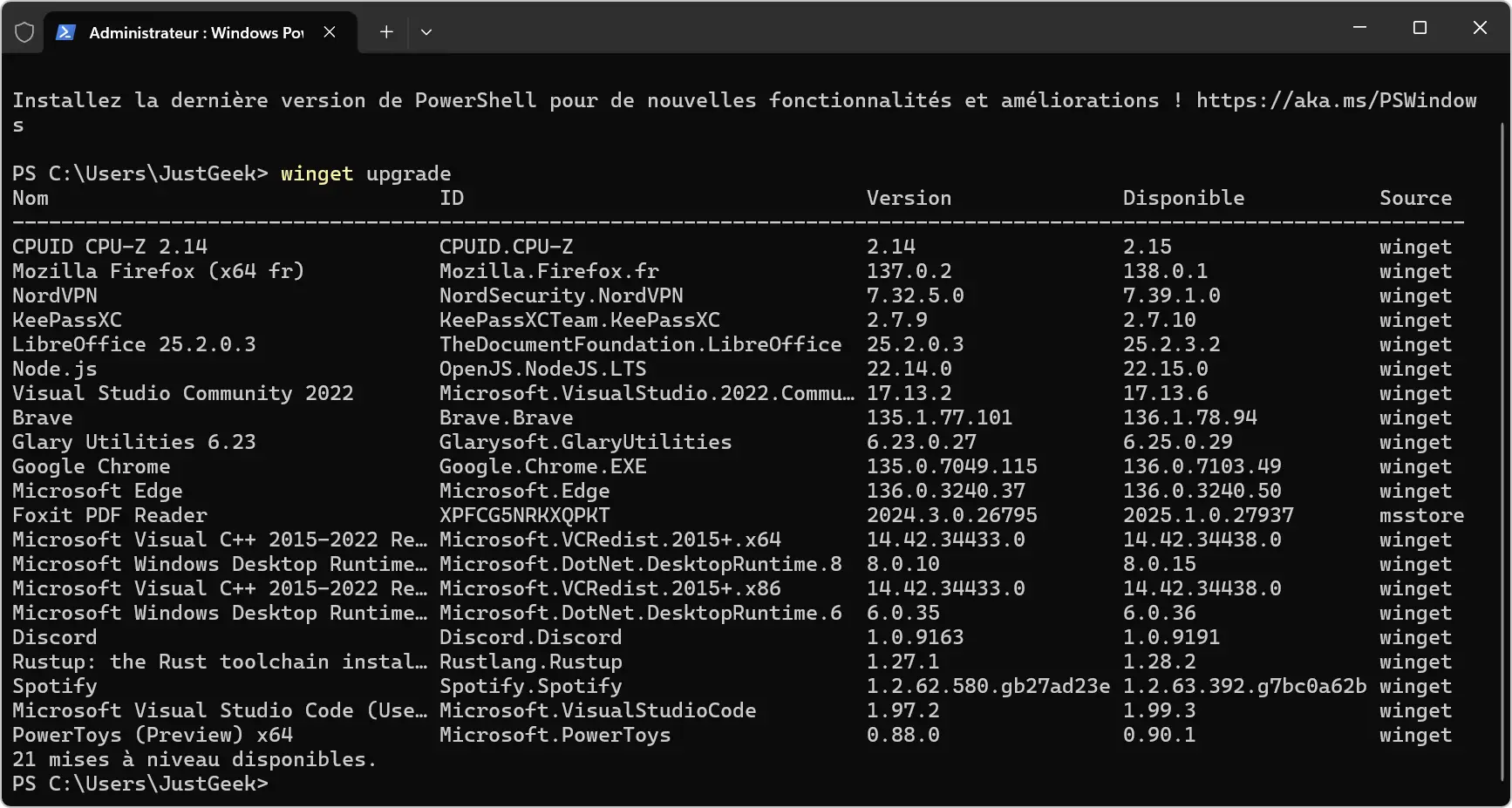 Commande winget upgrade affichant les logiciels à mettre à jour dans Windows Terminal