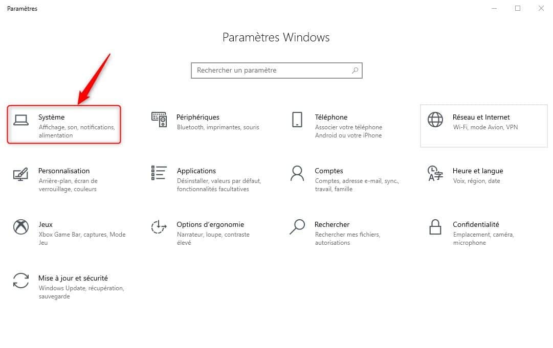 Paramètres système de Windows 10