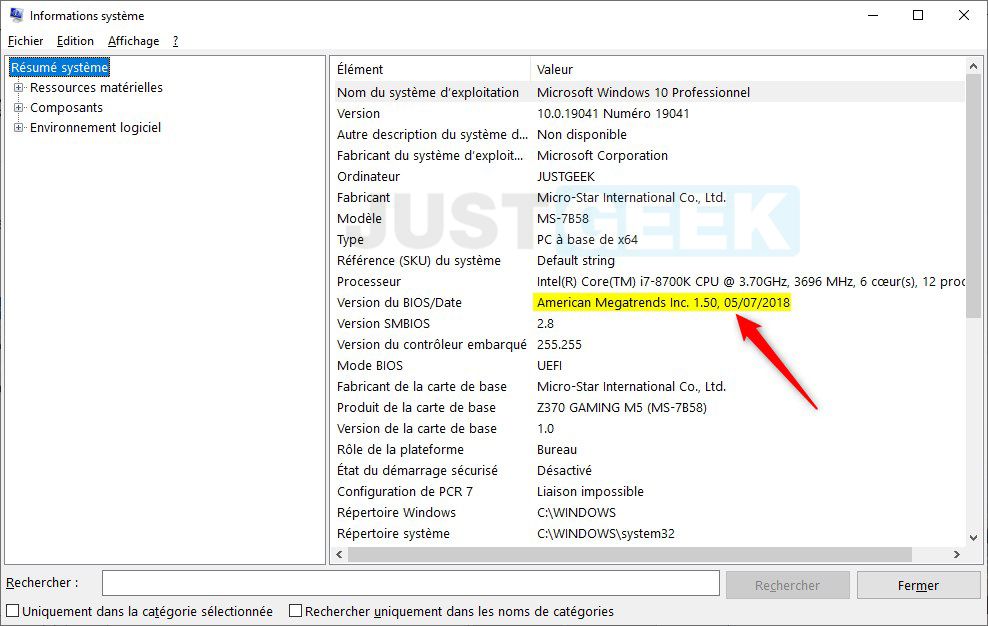 Informations système Windows 10