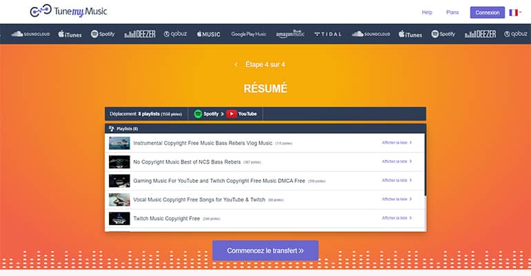 Commencer le transfert de vos playlists