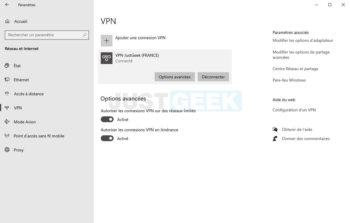Connecté au réseau VPN sous Windows 10