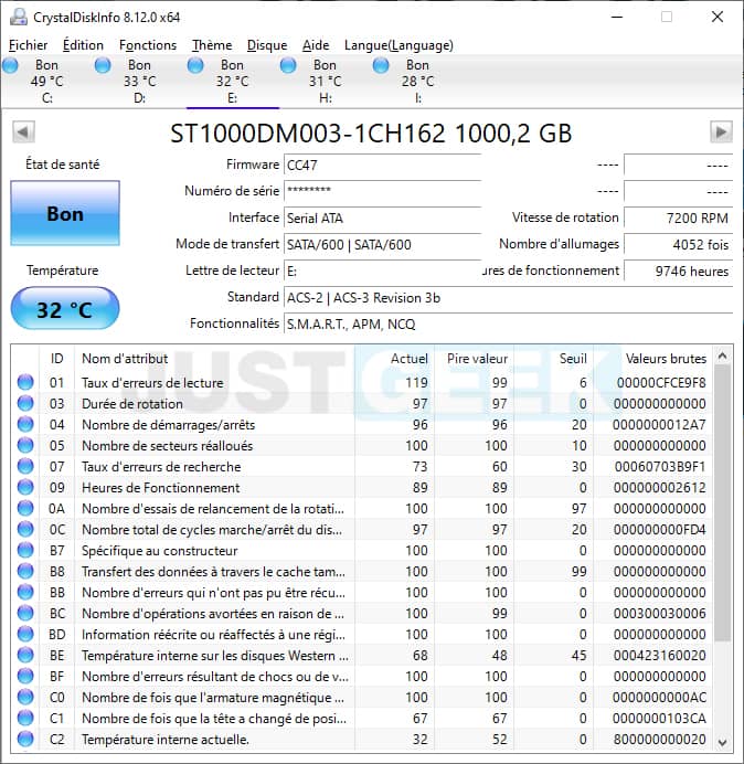 CrystalDiskInfo : vérifier le taux d'usure d'un disque dur