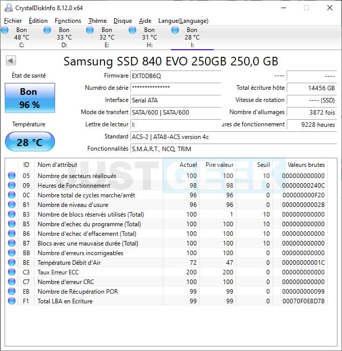 CrystalDiskInfo : vérifier l'usure d'un SSD