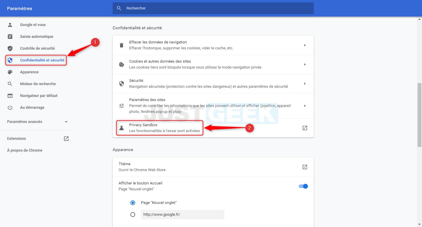 Paramètres Privacy Sandbox (FloC) Google Chrome