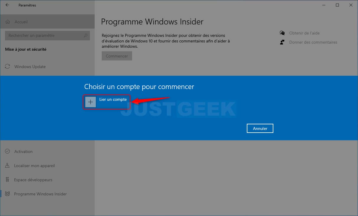 Lier un compte au programme Windows Insider