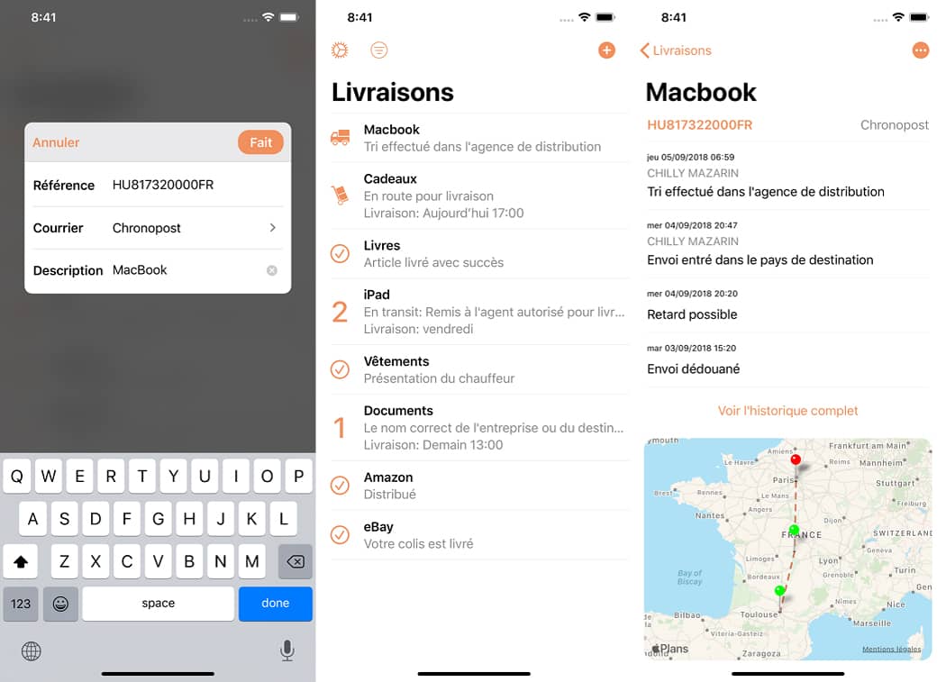 Parcel : interface de l'application iOS (iPhone et iPad)