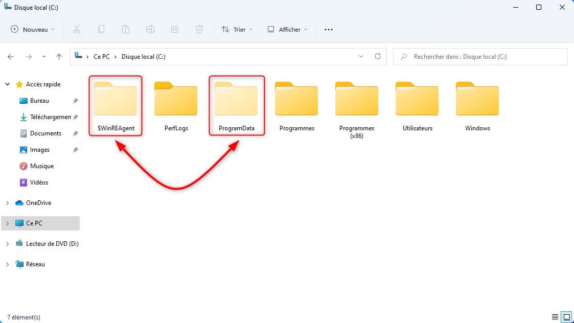 Exemple de dossiers cachés dans Windows 11