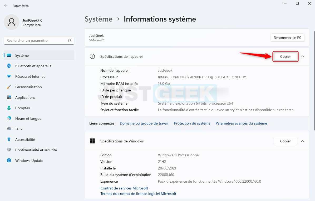Informations système : spécifications de l'appareil Windows 11