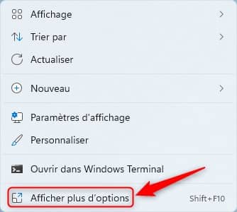 Afficher plus d'options menu contextuel Bureau Windows 11
