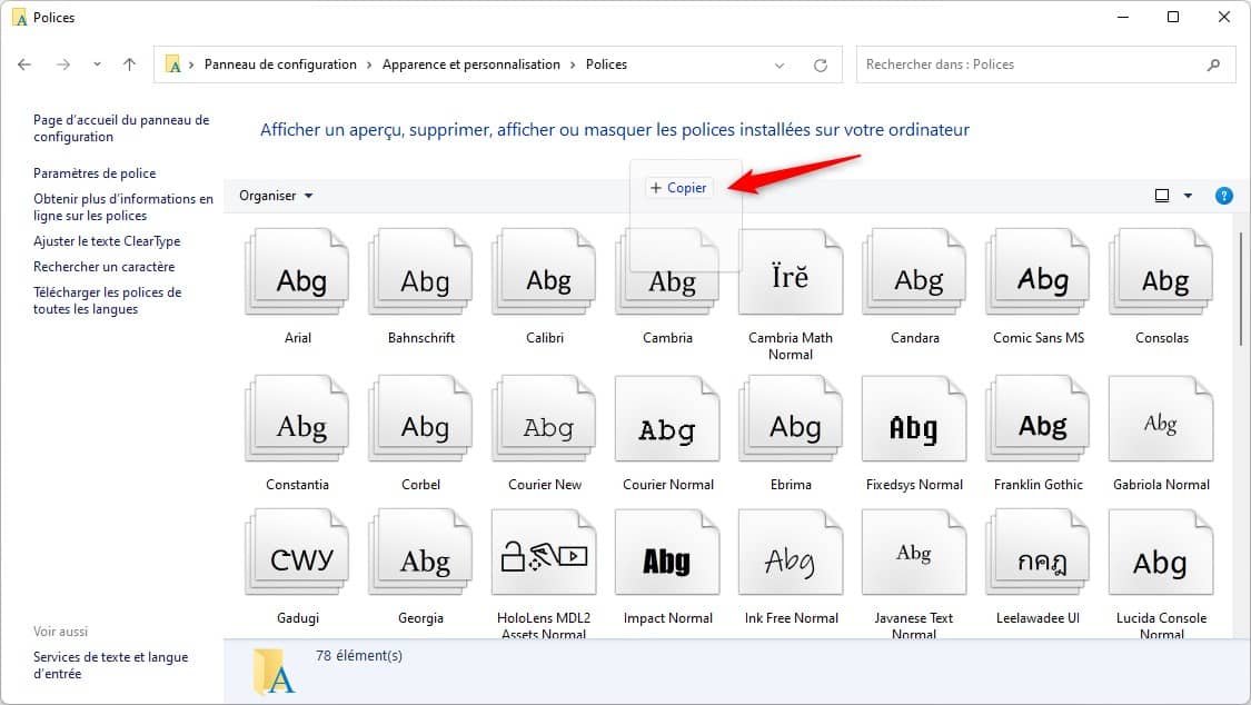 Ajouter une nouvelle police de caractères dans le Panneau de configuration de Windows 11