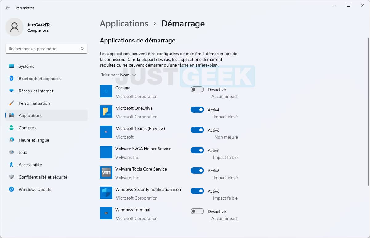 Les applications au démarrage de Windows 11