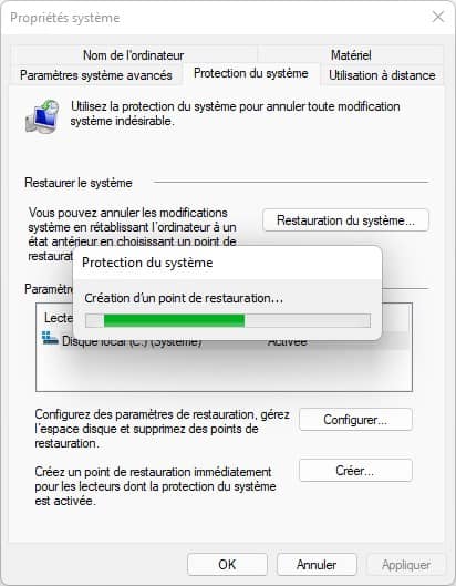 Création d'un point de restauration dans Windows 11