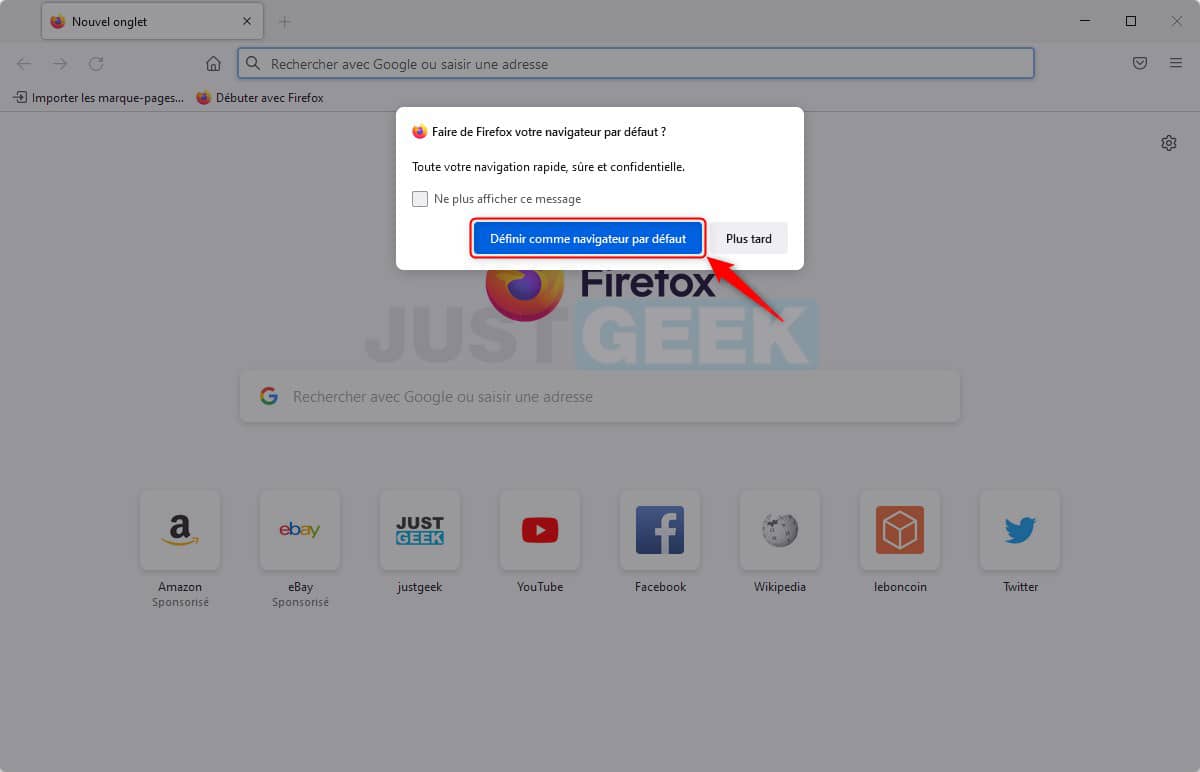 Pop-up définir Firefox comme navigateur web par défaut