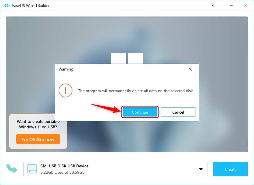 Cliquez sur Continue pour créer la clé USB d'installation de Windows 11