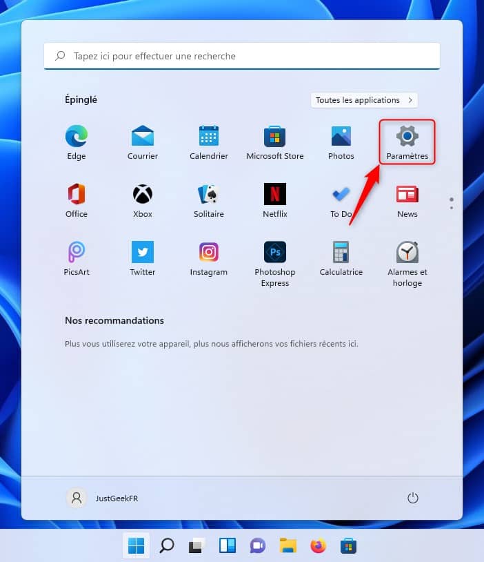 Paramètres menu Démarrer Windows 11