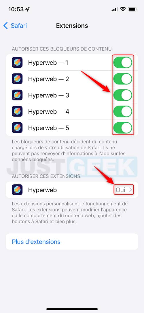 Activer l'extension Hyperweb dans Safari sur iPhone ou iPad