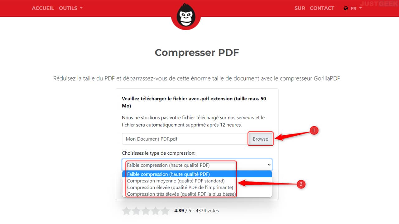 Choisir le niveau de compression PDF sur GorillaPDF