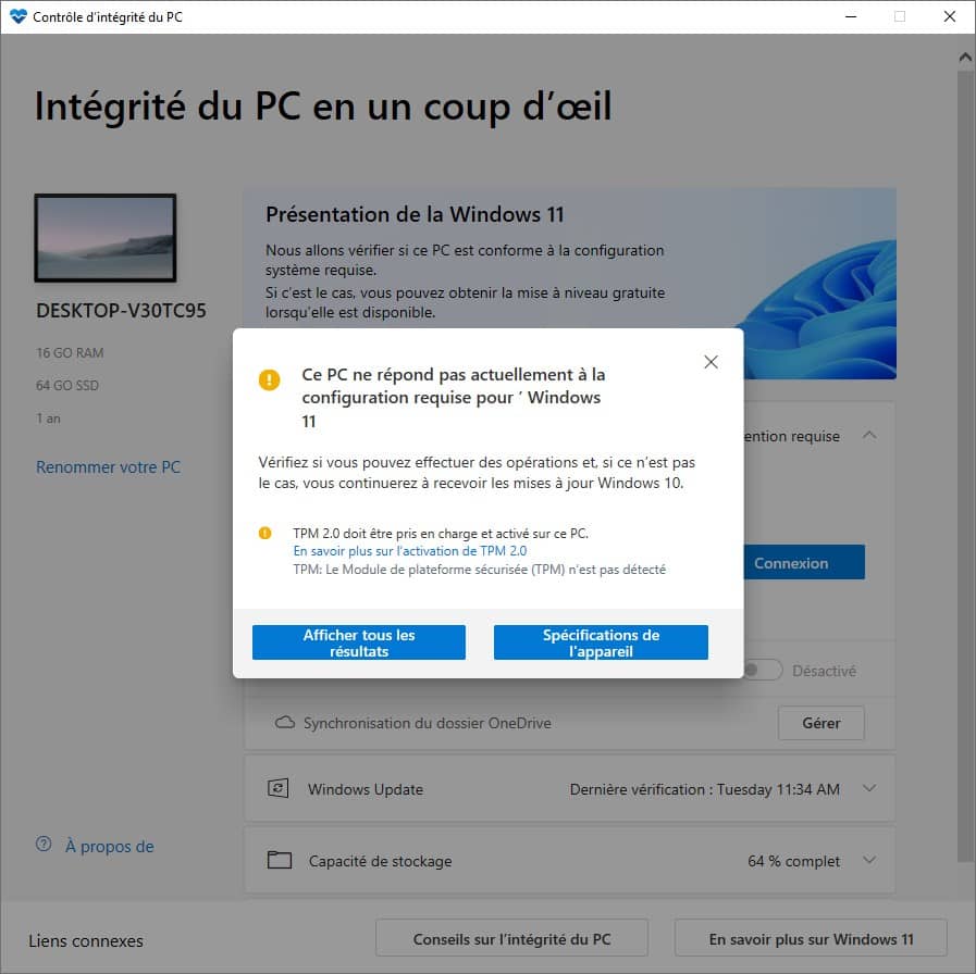 Ce PC ne répond pas actuellement à la configuration requise pour Windows 11